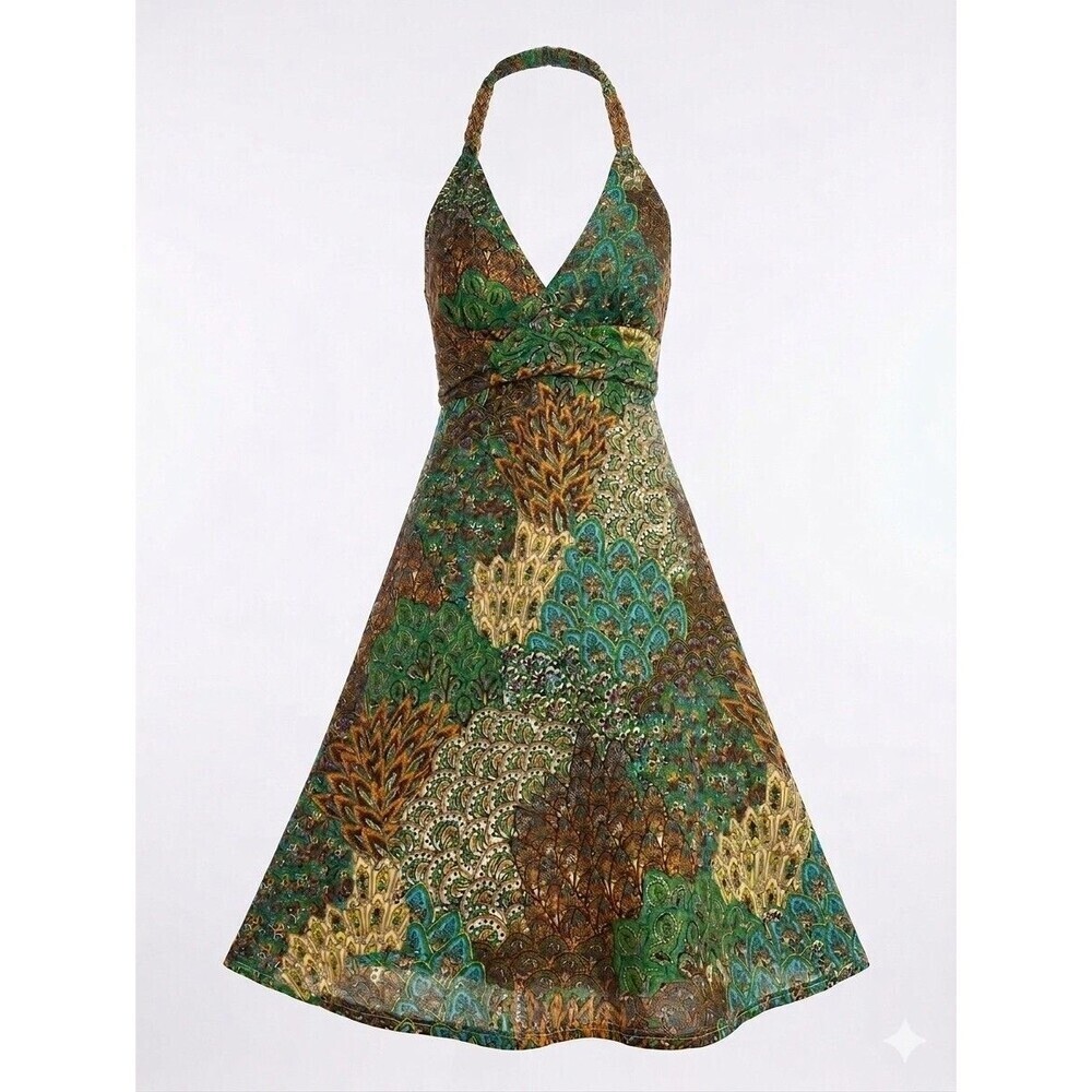 Cristinalove Peacock Paisley Halter Mini Dress Green Brown Boho Small